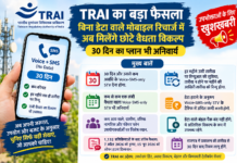 TRAI का बड़ा फैसला: बिना डेटा वाले मोबाइल रिचार्ज में अब मिलेंगे छोटे वैधता विकल्प, 30 दिन का प्लान भी अनिवार्य ; लिक में क्लिक करें और विस्तार से पढ़ें पूरी खबर